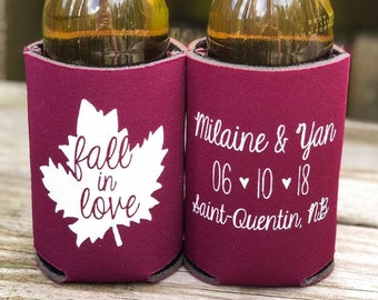 Personalized Fall in Love Fall Rustic Wedding Favors - Outdoor Destination Wedding Favors for Guests, Mountain Weddings, Beer Bottle Coolers