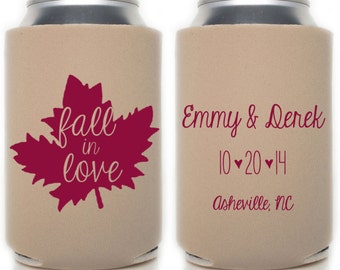 Fall in Love Personalized Leaf Wedding Can Coolers - Destination Wedding Favors for Guests, Mountain Wedding Rustic, Welcome Bag Beer Cooler