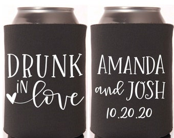 Personalized Drunk in Love Wedding Can Coolers - Fun Wedding Beer Coolers for Guests, Welcome Bag Favor Ideas, Funny Wedding Sayings