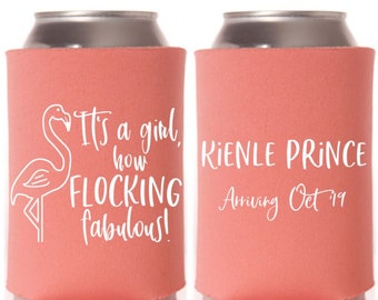 Flamingo Baby Girl Baby Shower Personalized Can Coolers - Custom Gender Reveal Party Favors, Flocking Fabulous Beer Coolers for Guests
