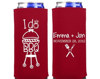 I Do BBQ Personalized Engagement Slim Can Coolers  - Custom Wedding Favors for Guests, Engagement Party Favors, 12 Ounce Beer Coolers