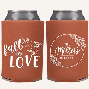 Fall in Love Fall Wedding Favors | Personalized Autumn Rustic Can Coolers for Fall Wedding & Reception