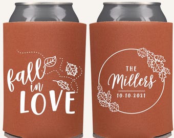 Fall in Love Fall Wedding Favors | Personalized Autumn Rustic Can Coolers for Fall Wedding & Reception