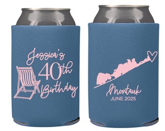May include: Two blue can coolers with pink designs. One cooler has a beach chair and the text "Jessica's 40th Birthday". The other cooler has a pink outline of Long Island with a heart and the text "Montauk June 2025".