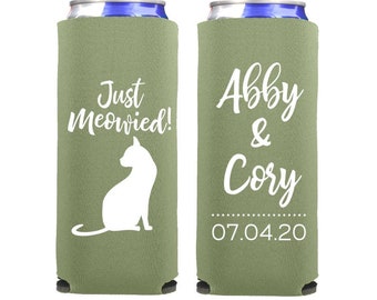 Just Meowied Cat Lover Wedding Slim Can Coolers - Pet Wedding Favors for Guests, Cat Wedding Favors Just Meowied Cat Lover Couple 12oz SLIM