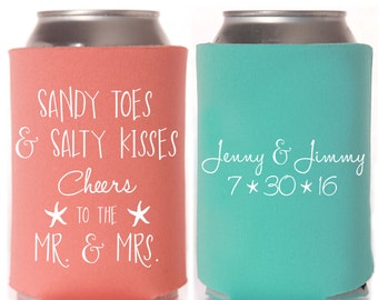 Beach Wedding Favors - Sandy Toes and Salty Kisses Cheers to Mr & Mrs Personalized Wedding Can Coolers, Summer Reception favors for Guests