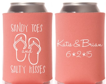 Beach Wedding Favors - Sandy Toes Salty Kisses Personalized Can Coolers, DIY Favors for Guests, Destination Wedding Ideas, Summer Wedding