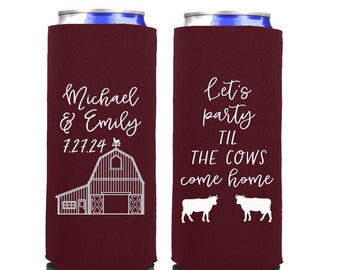 Let's Party til the Cows Come Home Barn Wedding Can Coolers - 12 Ounce Slim Style Rustic Country Welcome Bag Favors for Guests, Fun Sayings