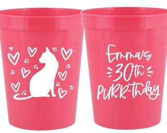 Vasos personalizados de cumpleaños con el ronroneo de gato: recuerdos de cumpleaños personalizados (16 oz)