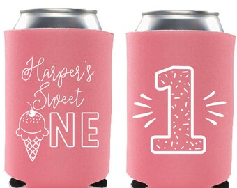Sweet One First Birthday Party Favors - Sweet 1 Personalized Birthday Party Can Coolers, Party Supplies, 1st Birthday Party Ice Cream Social