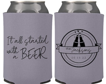 It All Started With a Beer Wedding Can Coolers | Personalized Cozies for Brewery Wedding Favors