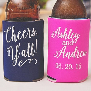 Wedding Favors - Cheers Y&#39;all Southern Personalized Fall Wedding Can Coolers, Reception Favors for Guests, Beer Insulators, Stubby Holders