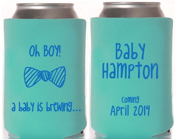 Baby Shower Favors - Oh Boy a Baby is Brewing Personalized Can Coolers, Coed Gender Reveal Party Gifts, Stubby Holders, Beer Insulators