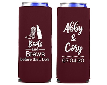 Boots and Brews Before the I Dos Engagement Party Can Coolers - Slim 12 Ounce Style, Wedding Party Favors for Guests, Barn Wedding