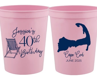 Personalized 40th Birthday Party Cups | Custom Stadium Cups 30th-50th-60th Milestone | Cape Cod Beach Weekend Birthday Favors