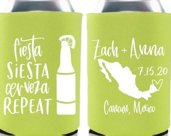México Destino Boda Fiesta Siesta Cerveza Repetir Destino Boda Enfriadores de latas personalizados, Recuerdos de boda para invitados