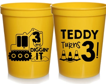 Excavator Birthday Party Cups, Construction Birthday Party, Birthday Party Cupss, Kids Birthday Cups - 3rd birthday (any age), 16 oz
