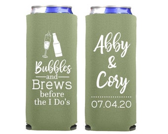 Bubbles and Brews Before the I Dos Engagement Party Can Coolers - Slim 12 Ounce Style, Wedding Party Favors for Guests, Fun Wedding Sayings