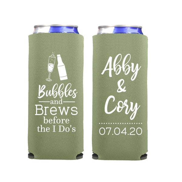 Bubbles and Brews Before the I Dos Engagement Party Can Coolers - Slim 12 Ounce Style, Wedding Party Favors for Guests, Fun Wedding Sayings