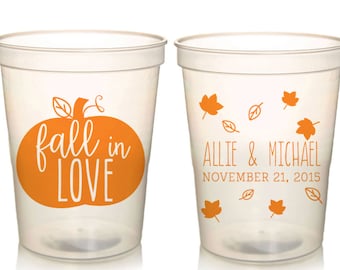 Fall Wedding Favors - Fall in Love Rustic Personalized Wedding Cups, Shower Favors for Guests, Wedding Reception Party Cups, Stadium Cups