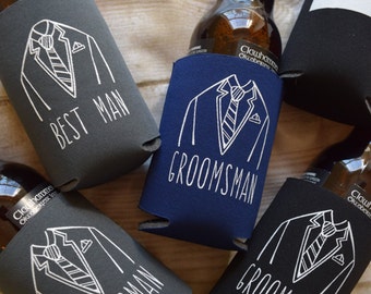 Groomsman, Best Man, and Groom Wedding Can Coolers - Unique Groomsman Gifts for Bottles and Cans, Groomsmen Photos, Reception Favors for Men