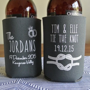 Personalized Tie the Knot Wedding Can Coolers, Bridal Event Favors, Custom Beverage Insulators, Beer Huggers