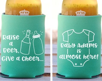 Baby Shower Favors - Raise a Beer Give a Cheer Personalized Can Coolers, Coed Gender Reveal Party Gifts, Beer Insulators, Stubby Holders