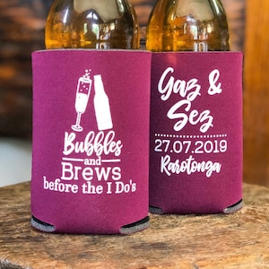 Bubbles and Brews Engagement Party Personalized Can Coolers - Wedding Favors, Couples Shower, Beer Insulators, Favors for Guests
