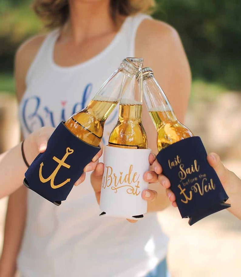 Bachelorette Party Favors Last Sail Before the Veil Can Cooler Package, Last Sail Before the Veil Bride Can Coolers image 1