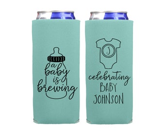 Baby Shower Favors - A Baby Is Brewing Personalized Slim Can Coolers, Coed Gender Reveal Party Gifts 12oz SLIM