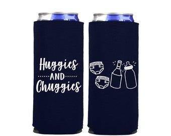 Baby Shower Favors - Chuggies A Baby Is Brewing Personalized Slim Can Coolers, Coed Gender Reveal Party Gifts 12oz SLIM