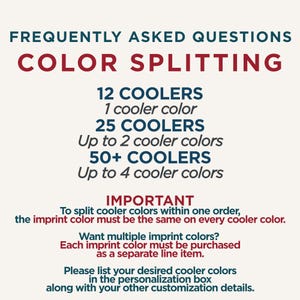 Op de afbeelding: Een informatieve afbeelding met de titel FREQUENTLY ASKED QUESTIONS COLOR SPLITTING. Het bevat kleuropties voor 12, 25 en 50+ koelers, en geeft instructies voor het splitsen van koelerkleuren en het kopen van meerdere opdrukkleuren.