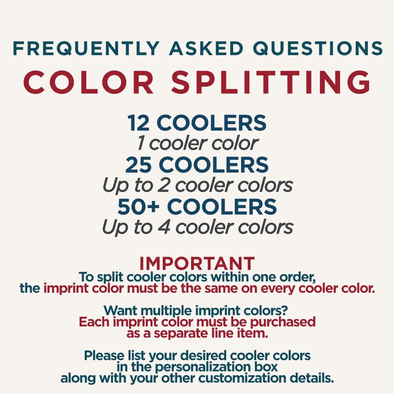 Op de afbeelding: Een informatieve afbeelding met de titel FREQUENTLY ASKED QUESTIONS COLOR SPLITTING. Het bevat kleuropties voor 12, 25 en 50+ koelers, en geeft instructies voor het splitsen van koelerkleuren en het kopen van meerdere opdrukkleuren.