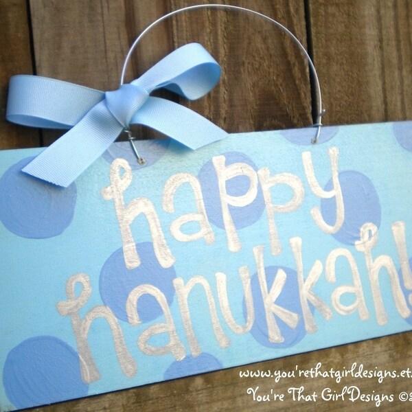 Happy Hanukkah Polka Dot Sign with Pale and Sailing Sky Blue, embellished with ribbon and metallic silver lettering  READY TO SHIP
