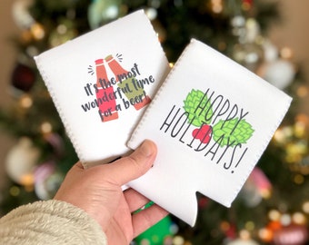 Hoppy Holidays Neoprene Christmas Can Coolers - Christmas Party Favors, Ugly Sweater Party, Stocking Stuffer, Beer Gifts