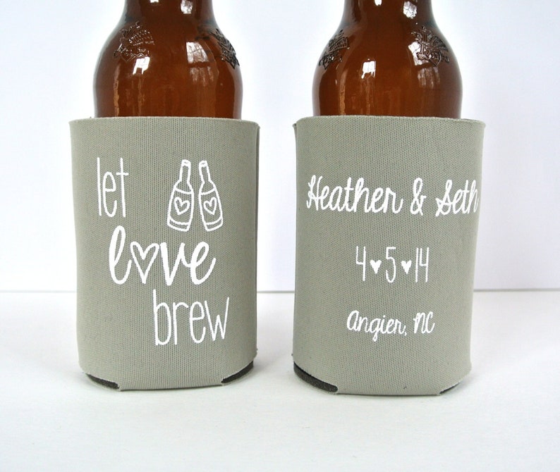 Wedding Favors Let Love Brew Personalized Wedding Can Coolers, Reception Favors for Guests, Stubby Holders, Beer Insulators, Rustic Fall image 1