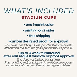 Op de afbeelding: Een witte informatieve afbeelding met donkerblauwe en rode tekst getiteld WHAT'S INCLUDED STADIUM CUPS. Het bevat kenmerken zoals &eacute;&eacute;n opdrukkleur, bedrukking aan 2 zijden, een op maat ontworpen proefdruk en een doorlooptijd van 3 weken.