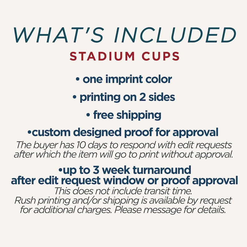 Op de afbeelding: Een witte informatieve afbeelding met donkerblauwe en rode tekst getiteld WHAT'S INCLUDED STADIUM CUPS. Het bevat kenmerken zoals &eacute;&eacute;n opdrukkleur, bedrukking aan 2 zijden, een op maat ontworpen proefdruk en een doorlooptijd van 3 weken.