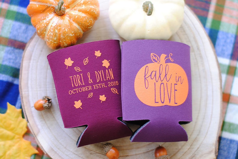 Fall in Love Pumpkin Leaf Personalized Wedding Can Coolers Wedding Favors for Guests, Destination Mountain Weddings, Welcome Bag Favors image 6