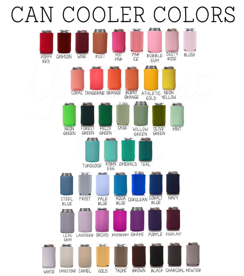 Pu&ograve; includere: Una tabella di 36 colori diversi per i refrigeratori di lattine. I colori sono disposti in righe e colonne, con il nome di ogni colore scritto sotto. I colori includono rosso papavero, cremisi, vino, ruggine, rosa caldo, rosa ghiaccio, gomma da masticare, rosa polveroso, blush, corallo, mandarino, arancione, arancione bruciato, oro atletico, giallo neon, verde neon, verde foresta, verde kelly, verde salvia, verde salice, verde oliva, verde menta, turchese, uovo di robin, smeraldo, verde acqua, blu acciaio, blu ghiaccio, blu pallido, blu acquamarina, blu ceruleo, blu cobalto, blu navy, grigio lilla, lavanda, orchidea, lampone, uva, viola, melanzana, bianco, arenaria, cammello, oro, topo, marrone, nero, carbone e stagno.