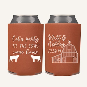 Custom Barn Wedding Can Coolers | Personalized Rustic Cattle Farm Wedding Favors | Southern Country Western Wedding