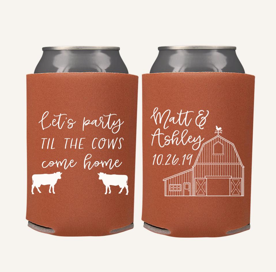 Custom Barn Wedding Can Coolers | Personalized Rustic Cattle Farm