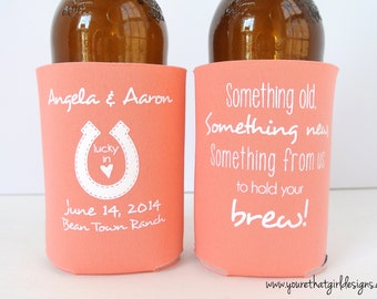 Lucky in Love Horseshoe Personalized Wedding Can Coolers - Rustic Wedding Favors for Guests, Southern Country Wedding Decor, Beer Coolers