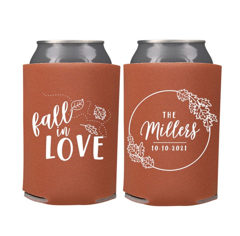 Fall Wedding Favors Personalized Fall in Love Fall Rustic Wedding Favors,Wedding Can Coolers, Beer Huggers, Fall Wedding Favor, Fall Wedding image 1