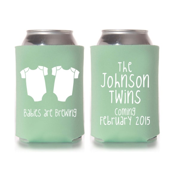 Babies are Brewing Twin Babies Baby Shower Personalized Can Coolers - Coed Gender Reveal Party Gifts, Stubby Holders, Beer Favors for Guests