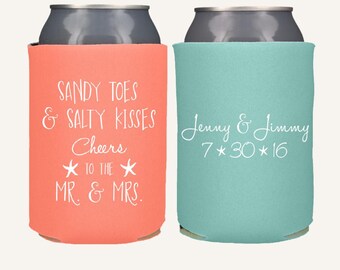 Beach Wedding Favors | Sandy Toes and Salty Kisses | Cheers to Mr & Mrs | Custom Wedding Can Coolers | Tropical Destination Wedding Favors
