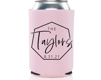Geometric Modern-Style Personalized Wedding Can Coolers