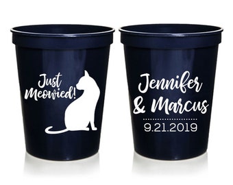 Wedding Favors - Just Meowied Cat Lover Personalized Wedding Cups, Favors for Guests, Shower Favors, Party Cups, 16 oz. Stadium Cups