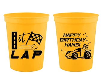 Vasos para fiesta de primer cumpleaños "Primera Vuelta" / Recuerdos de cumpleaños / Cumpleaños de autos de carreras / Artículos para fiesta de cumpleaños de autos / Primer cumpleaños / 473 ml