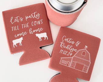 Custom Barn Wedding Can Coolers | Party Cows Come Home | Personalized Cattle Favors | Rustic Farm & Country Western Reception